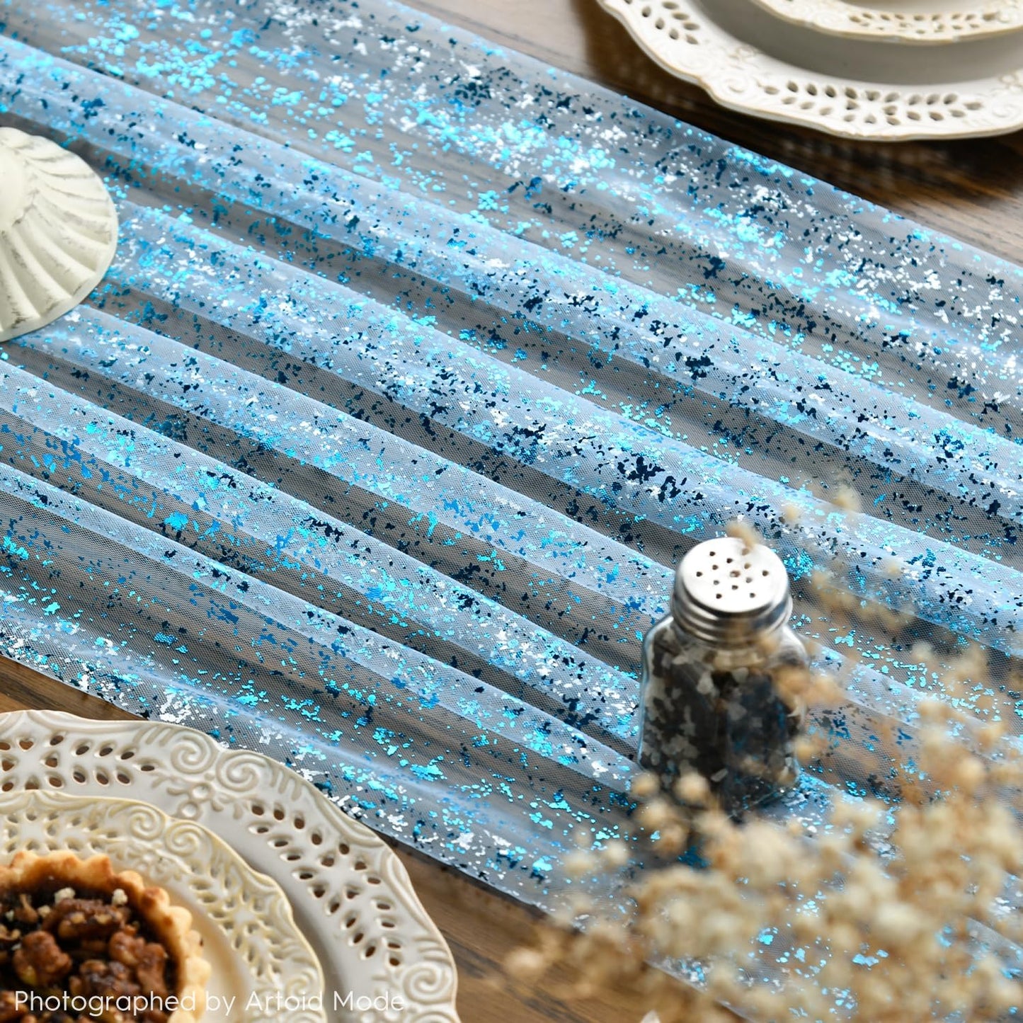Artoid Mode 6PCS Light Blue Gauze Table Runner 120 Inch 10FT, Glitter Metallic Foil Sheer Dining Wedding Anniversary Holiday Table Decor for Home Party