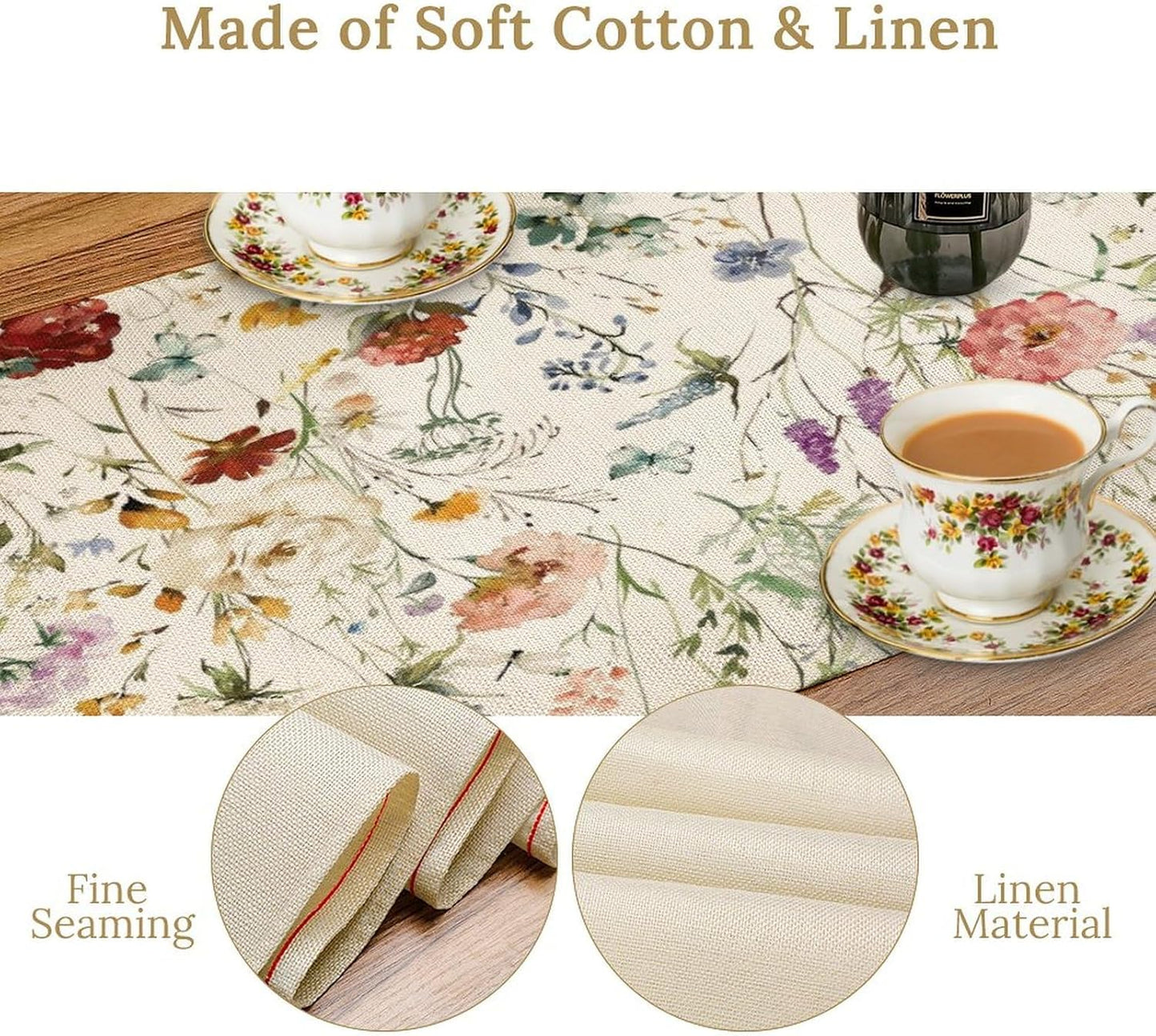 Floral Butterfly Table Runner,Rustic Colorful Flower Botanical Watercolor Pattern Print Burlap for Hotel Indoors Outdoor Dining Room Kitchen Holiday Party, 13x60in