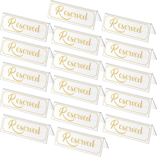 Jetec 16 Pieces Reserved Sign Acrylic Clear Reserved Table Tent Signs Table Number Holders for Wedding Printed Seating Reservation Restaurant Business Office Meeting Party (Gold)