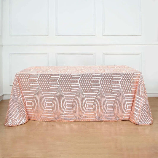 Efavormart 90"X132" Blush Rose Gold Sparkly Sequin Geometric Tulle Rectangular Tablecloth
