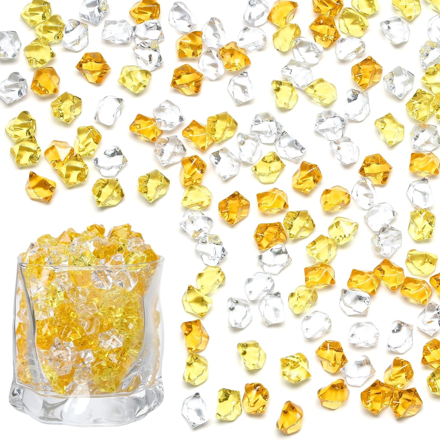 LAIDANLA 500PCS Mixed Yellow Acrylic Gems Vase Fillers Fake Ice Cubes Plastic Diamonds Fake Crushed Rocks for Centerpiece DIY Party Table Scatter Prop Wedding Decoration Accessories