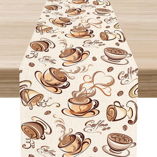 Coffee Time Table Runner, Farmhouse Retro Coffee Cup Tea Party Cafe Table Center Decor for Home Kitchen Dining Patio Holiday Party Indoor Outdoor Table Decorations,13"x72" Inch