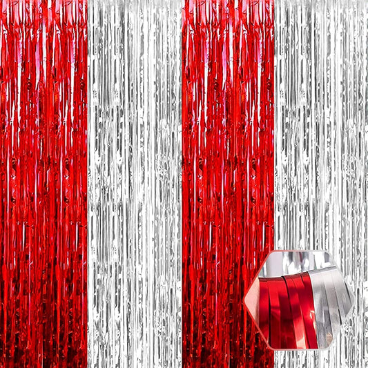 3 Pack Red Silver Foil Fringe Curtain Backdrop, 3.28Ft x 8.2Ft Metallic Tinsel Foil Fringe Streamer Curtains for Photo Booth, Christmas Day, Thanksgiving, Wedding, New Year Party Decorations