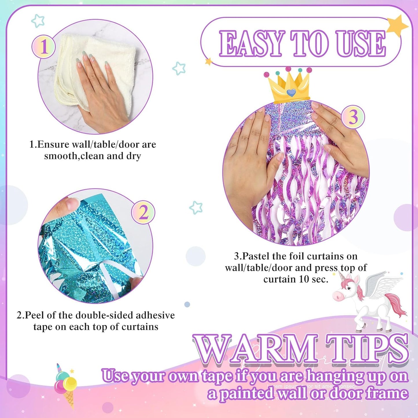 Jutom 6 Pieces 3.3 x 6.6 ft Wavy Tinsel Foil Fringe Curtains Foil Fringe Streamer Backdrop Party Curtain for Sea Mermaid Baby Shower Birthday Party Decoration(Purple, Pink, Blue Green)