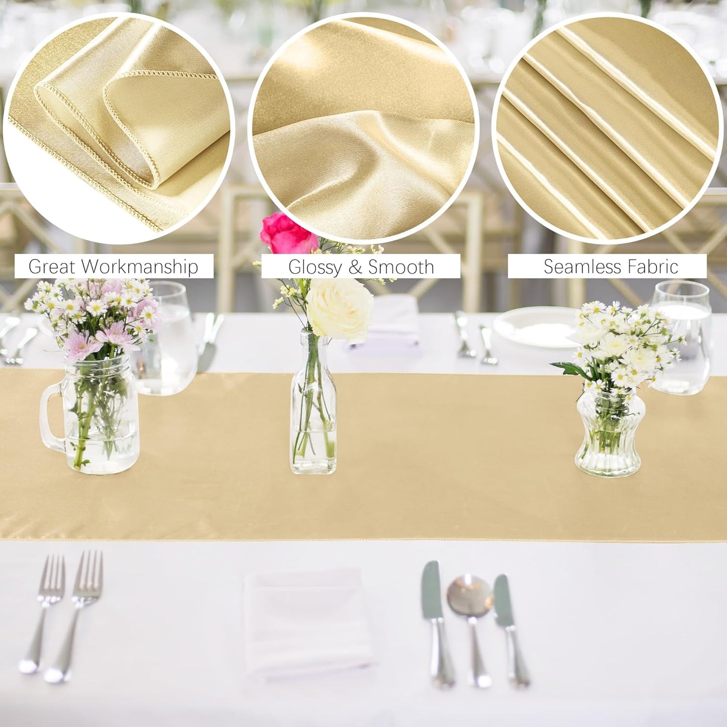 Aneco 12 Pack Satin Table Runner 12 x 108 Inch Champagne Long Wedding Satin Silk Table Runner for Wedding Banquet Graduations Birthday Party Decoration