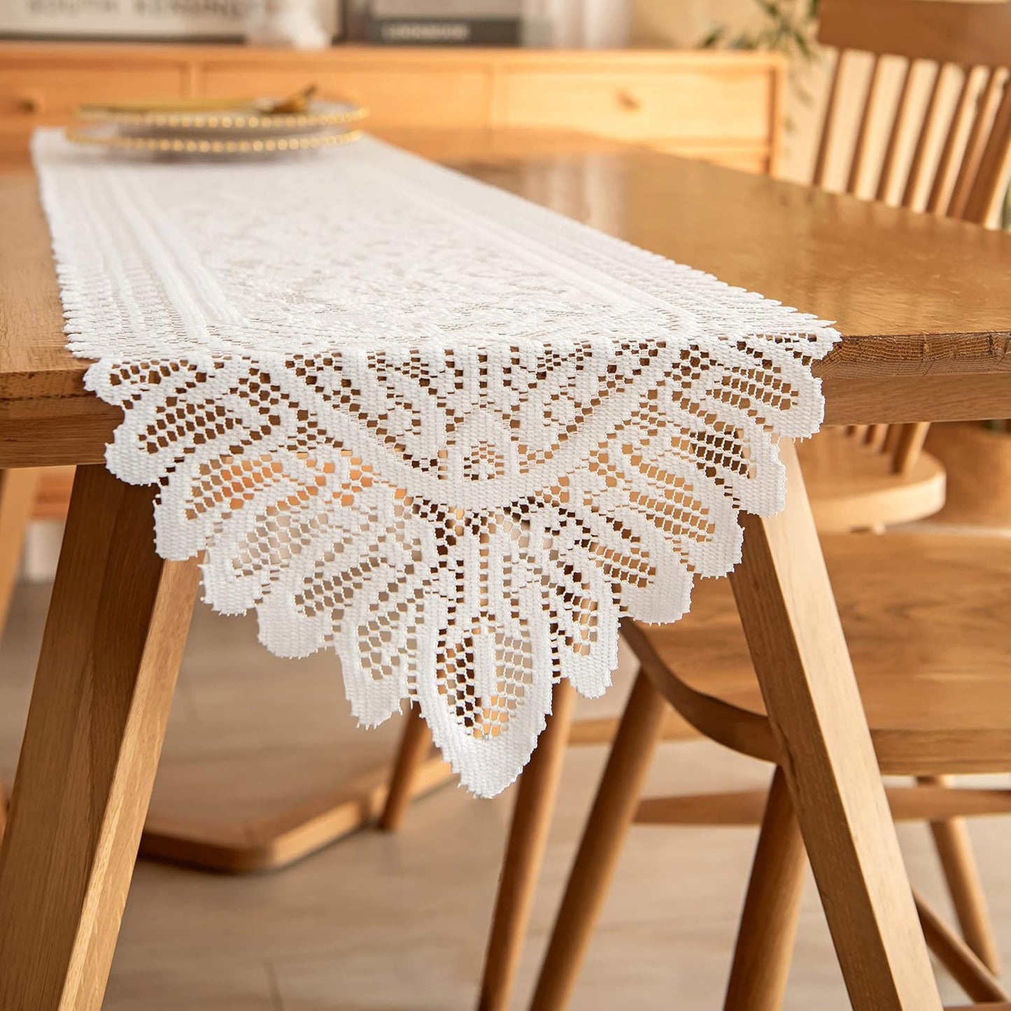 Tinsow 2 Pack Cotton Crochet Lace Rectangular Table Runner Dresser Scarf Doilies (White Style, 13" X 71")