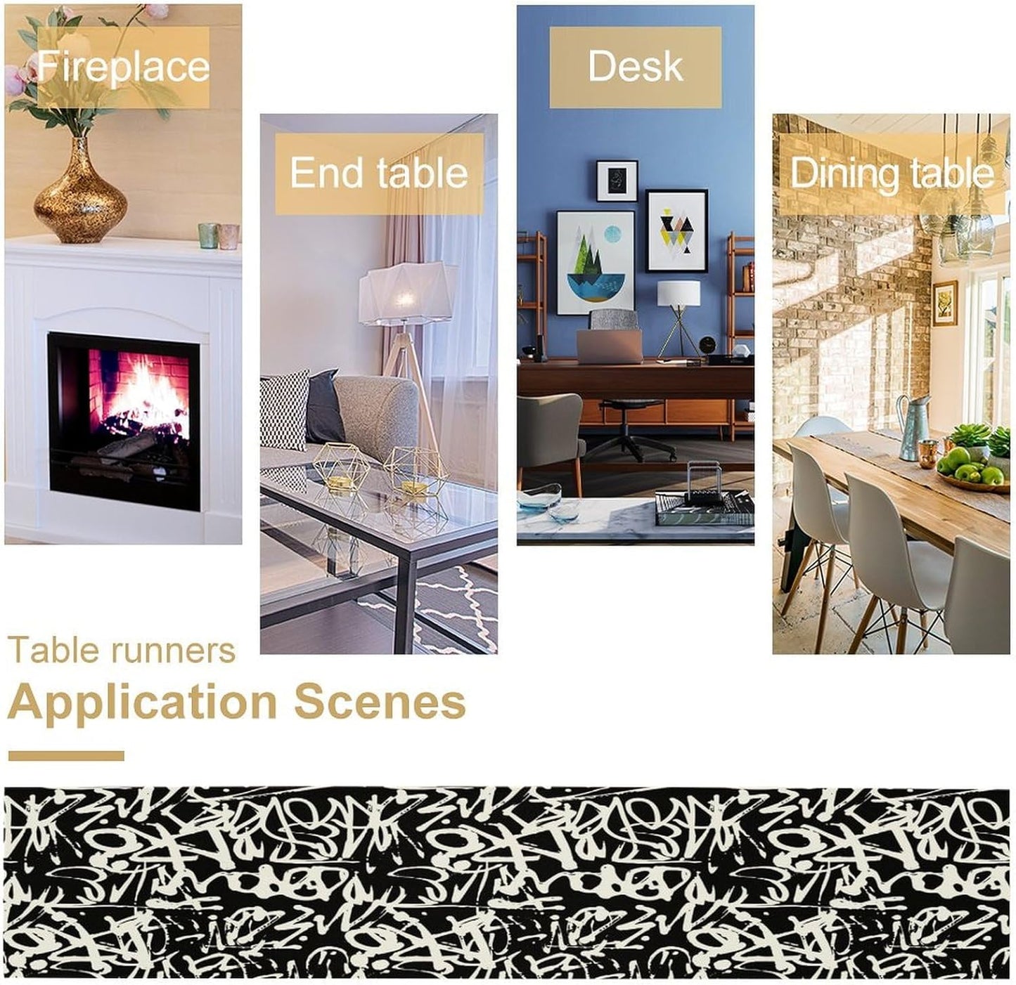 Graffiti Table Runner,Black White Abstract Messy Art Theme Pattern Print Tablecloth Burlap for Hotel Indoors Outdoor Dining Room Kitchen Home Decor,W13X L108 in