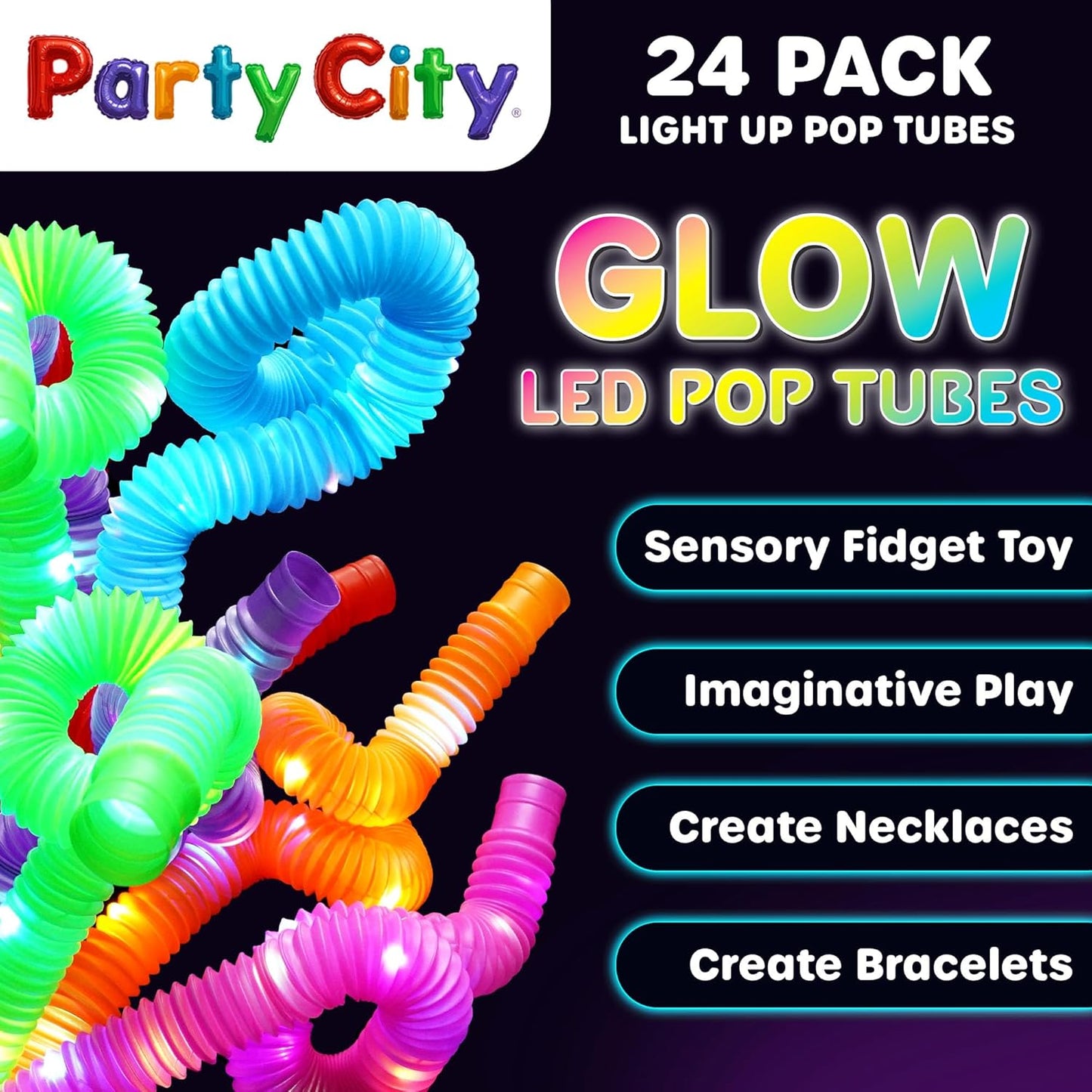 Party City 24pk LED Light Up Pop Tubes 25”- 3 Mode Stretchy Tubes LED Light Up Toys Bulk Glow Sticks Party Favors for Kids Necklaces Bracelets Neon Glow in the Dark Supplies Fidget Sensory Tube Pack