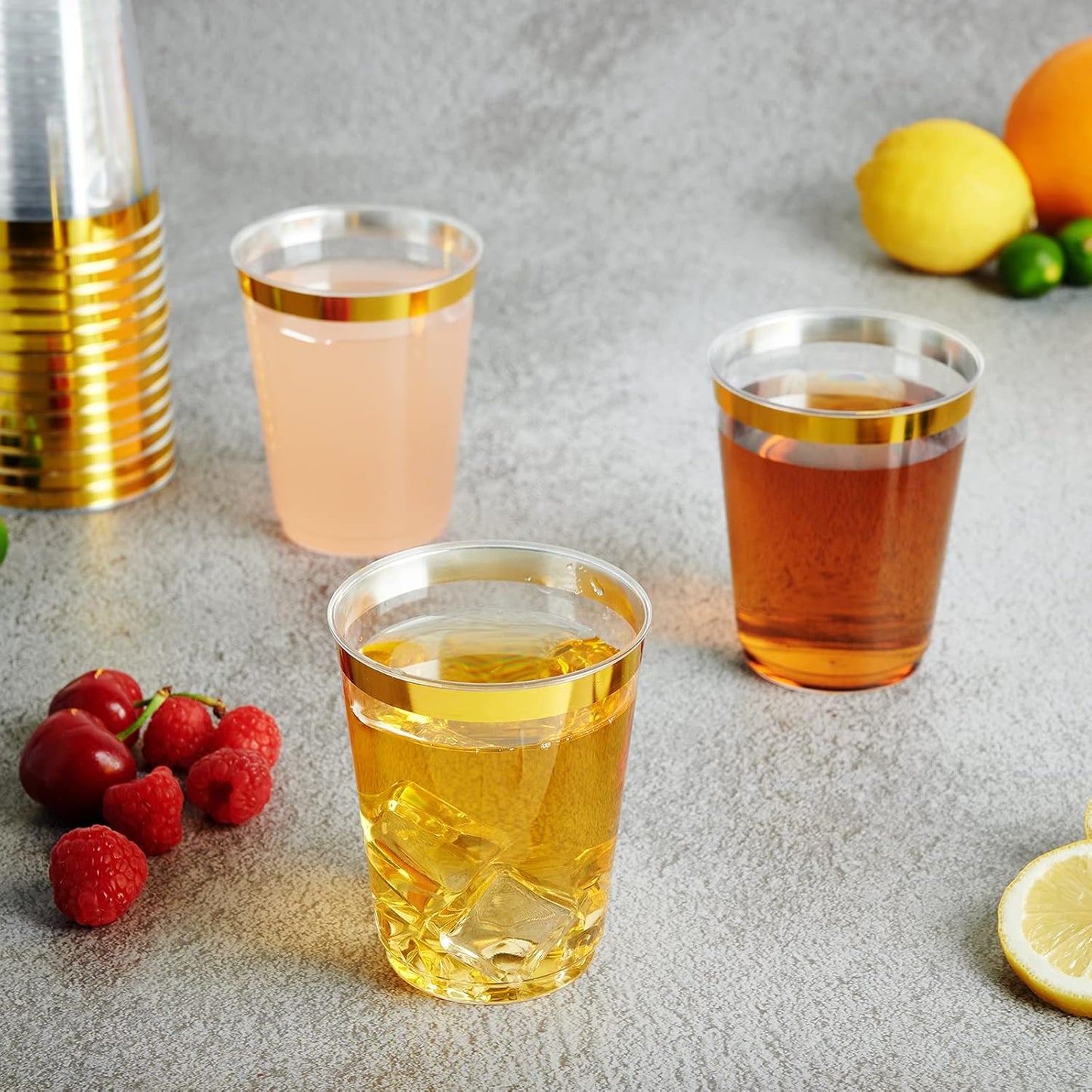 FOCUSLINE 10 oz Gold Plastic Cups, Disposable Clear Fancy Hard Plastic Cups, Gold Rimmed, Heavy Duty, Reusable,100 Count