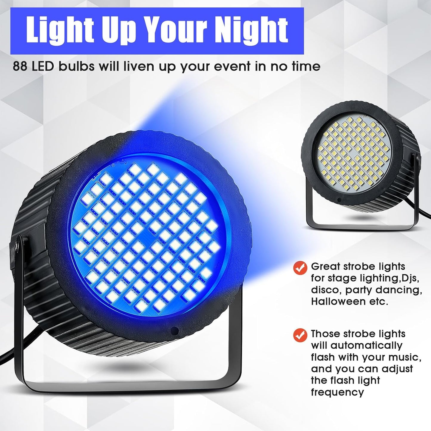 Funtery 2 Pcs Bright White Strobe Light 88 LEDs Flash Party Lighting Speed and Sound Modes Flashing Stage Lights for Christmas Easter Birthday Party Room Dance DJ Bar Karaoke Show Wedding(Blue)