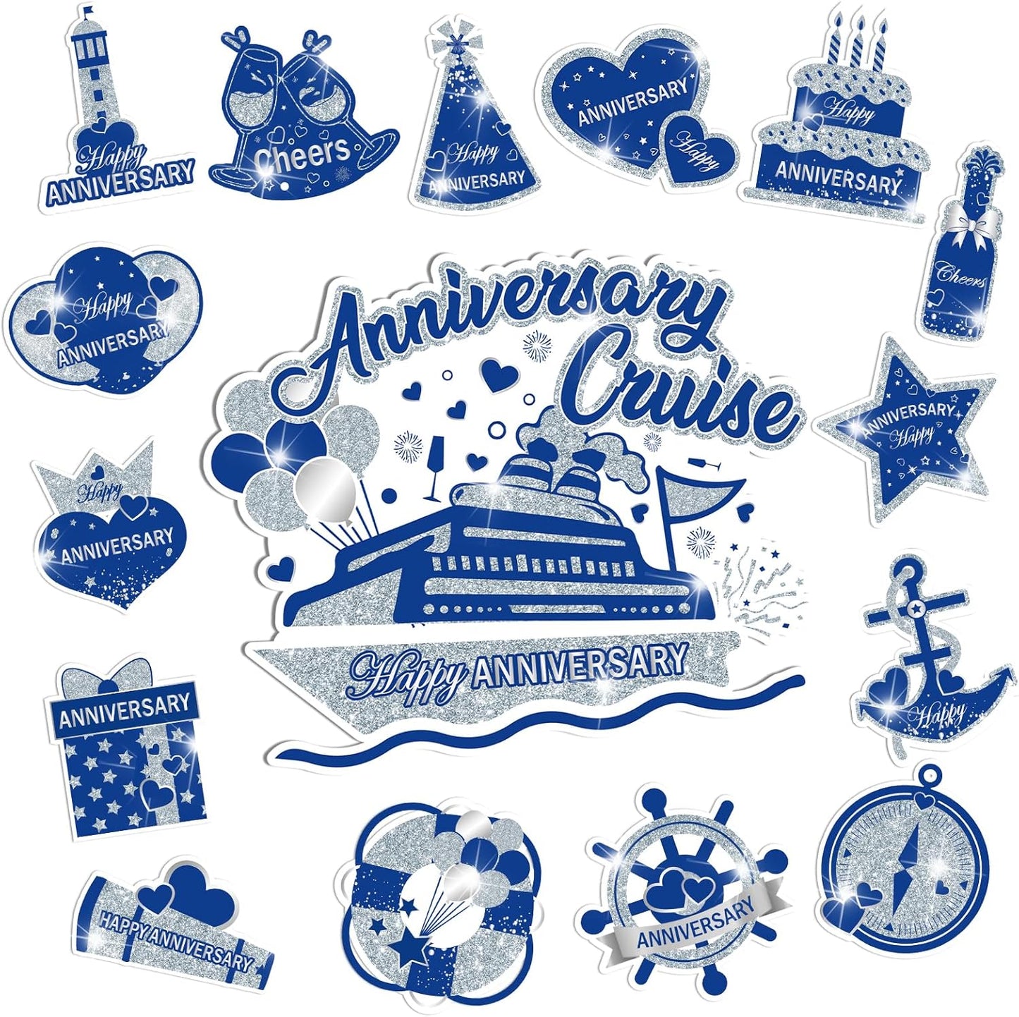 Happy Anniversary Cruise Door Magnets Decorations, Blue Silver Happy Anniversary Cruise Ship Door Decor Magnetic for Married Men Women Wedding Party Refrigerator Fridge Car Kitchen Garage Personalized