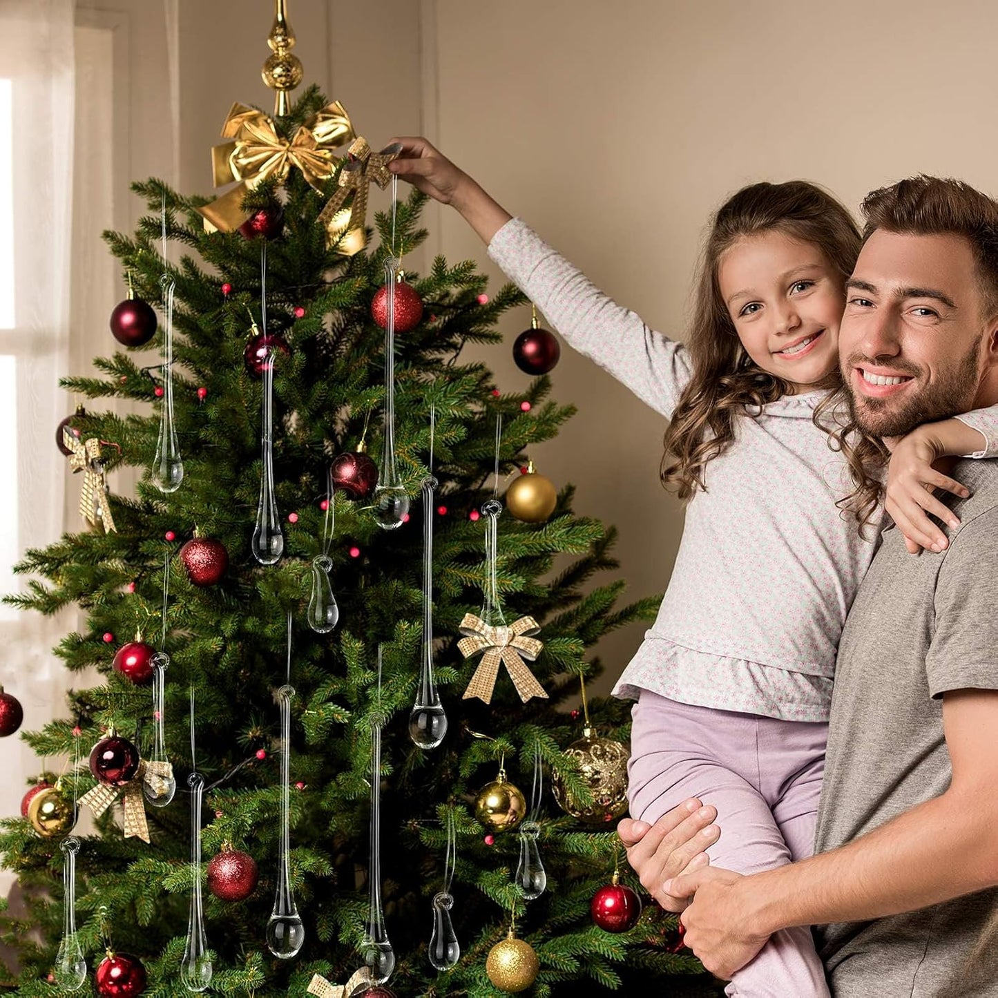 44 Pcs Clear Glass Teardrop Christmas Ornaments Crystal Raindrop Hanging Ornaments Crystal Chandelier Drop Pendant Icicles Decorations for Christmas Tree Winter Party Supplies (4 Medium Size)