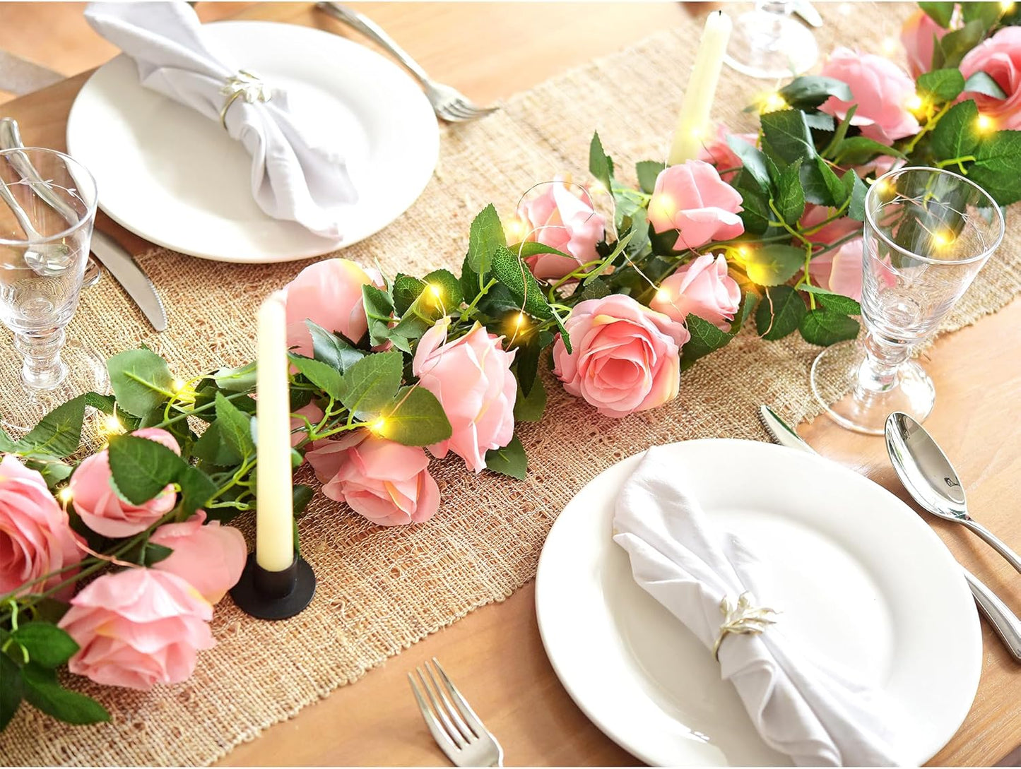 FiveSeasonStuff 29 Ft 4 Pack Amaranth Light Pink Rose Silk Flower Garland Artificial Flowers Decoration Hanging Floral with 66 feet String Lights