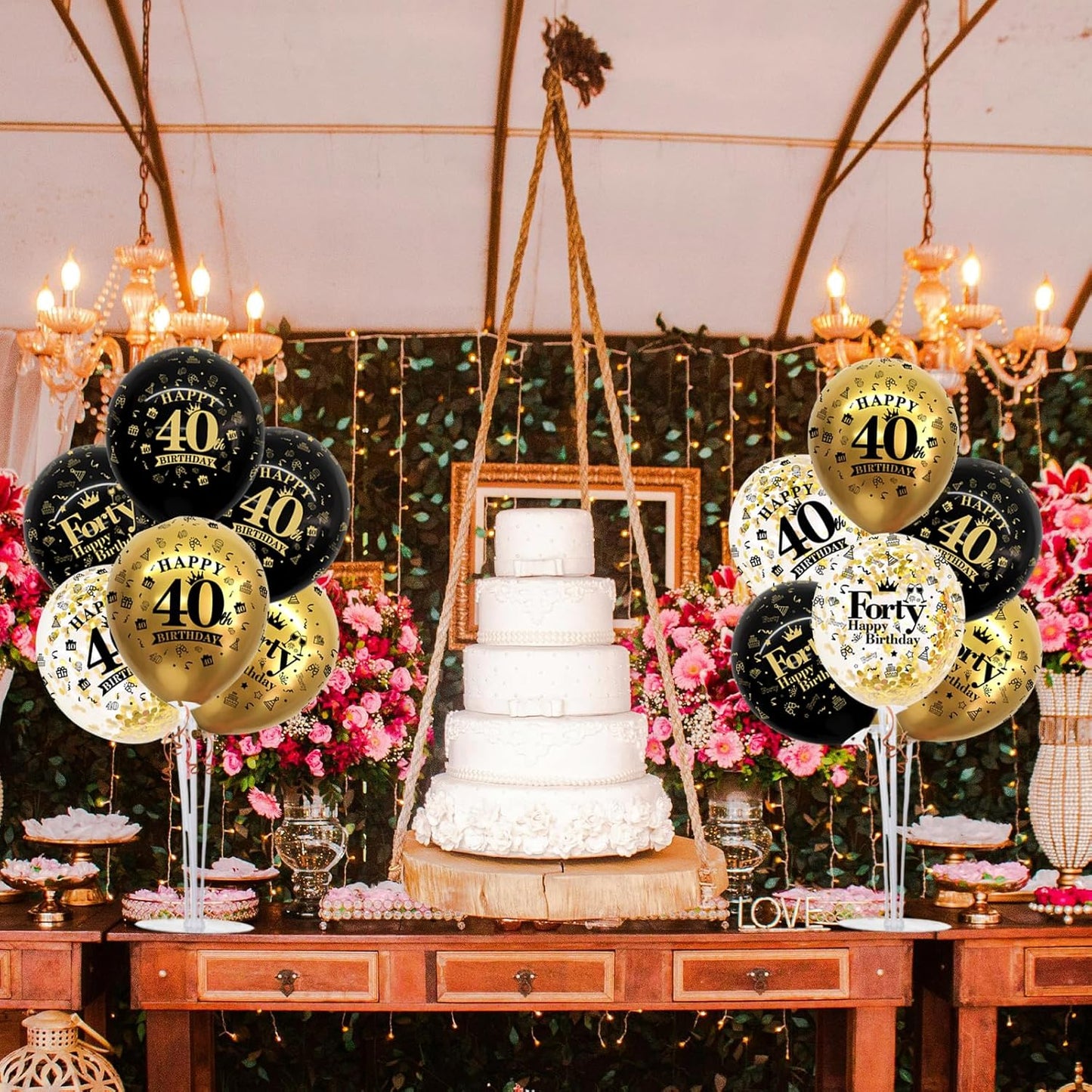 TONIFUL 4 Set Black Gold Balloon Stand Kit for Birthday Decorations for 40th,Balloon Centerpieces for Table Party Decorations Cheers to 40 Years Old Birthday for Men and Women