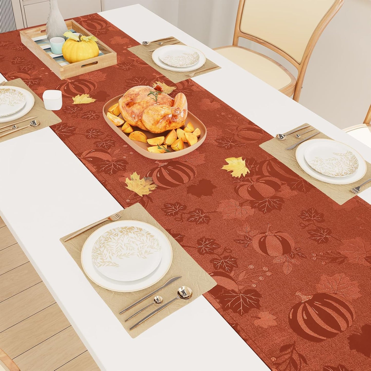 Smiry Thanksgiving Table Runner, 13x72 Inch Waterproof Fabric Damask Table Runner for Harvest Parties and Holidays, Terracotta