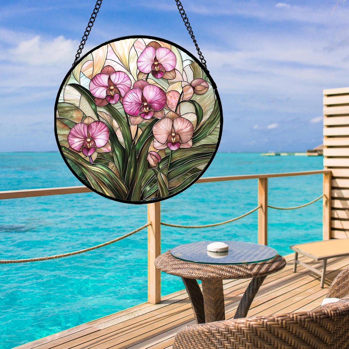 Stained Glass Window Hanging - Pink Phalaenopsis Orchid Green Leaves Sun Catcher for Door Home Decor Flower Suncatcher Christmas Mother's Day Birthday Gifts for Women Men Mom Nana 7.8 in