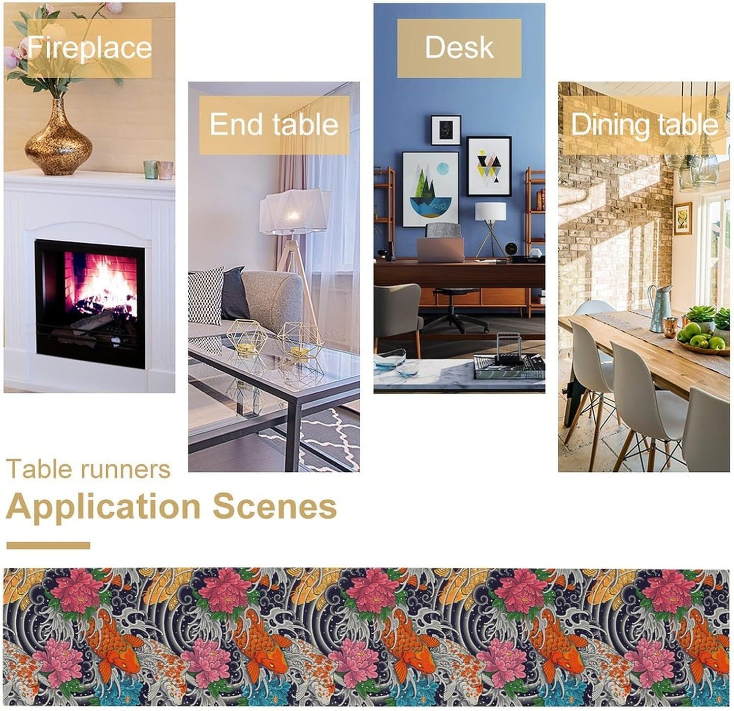 Japanese Retro Flowers Table Runner Oriental Tradition Kio Fish Art Printed Burlap Runner Home Kitchen Dining Table Living Room Decor Fabric 1 Panel W13xL60in