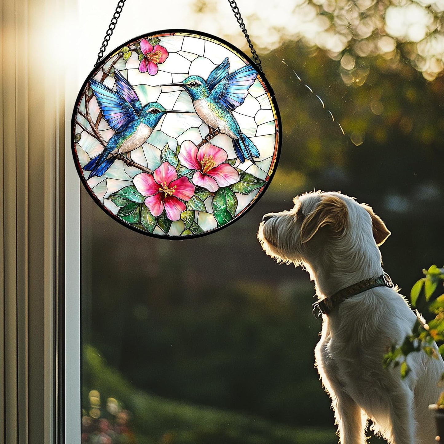 Stained Glass Window Hanging - Blue White Hummingbirds Pink Flowers Suncatcher for Door Terrace Garden Home Decor Bird Sun Catcher Birthday Gifts for Lovers Women Men Dad Mom Nana 6.3 in