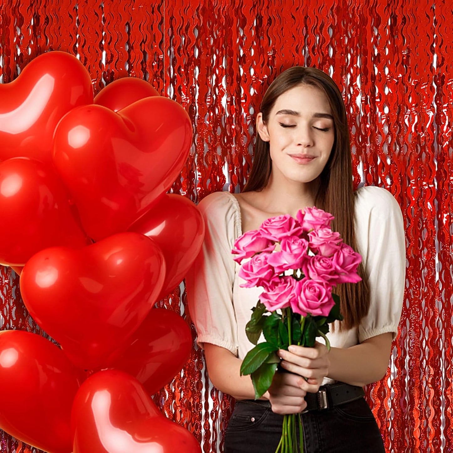 Red Streamers Tinsel Foil Fringe Curtains Wavy for Parties Sparkle Metallic Wavy Foil Fringe Backdrop Curtain for Party Decorations Photo Booth Props Birthday Graduation Wedding Valentines Decor