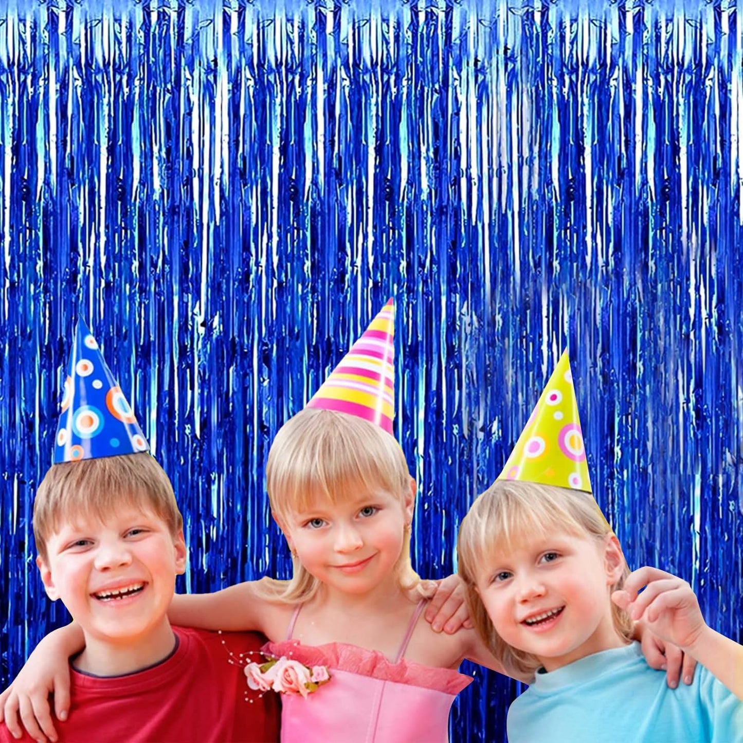 4P Metallic Foil Fringe Tinsel Table Skirts for Rectangle Tables Backdrop Banner Tinsel Streamer Garland Curtains for Parade Floats Wedding Graduation Anniversary Birthday Parties Decoration (Blue)