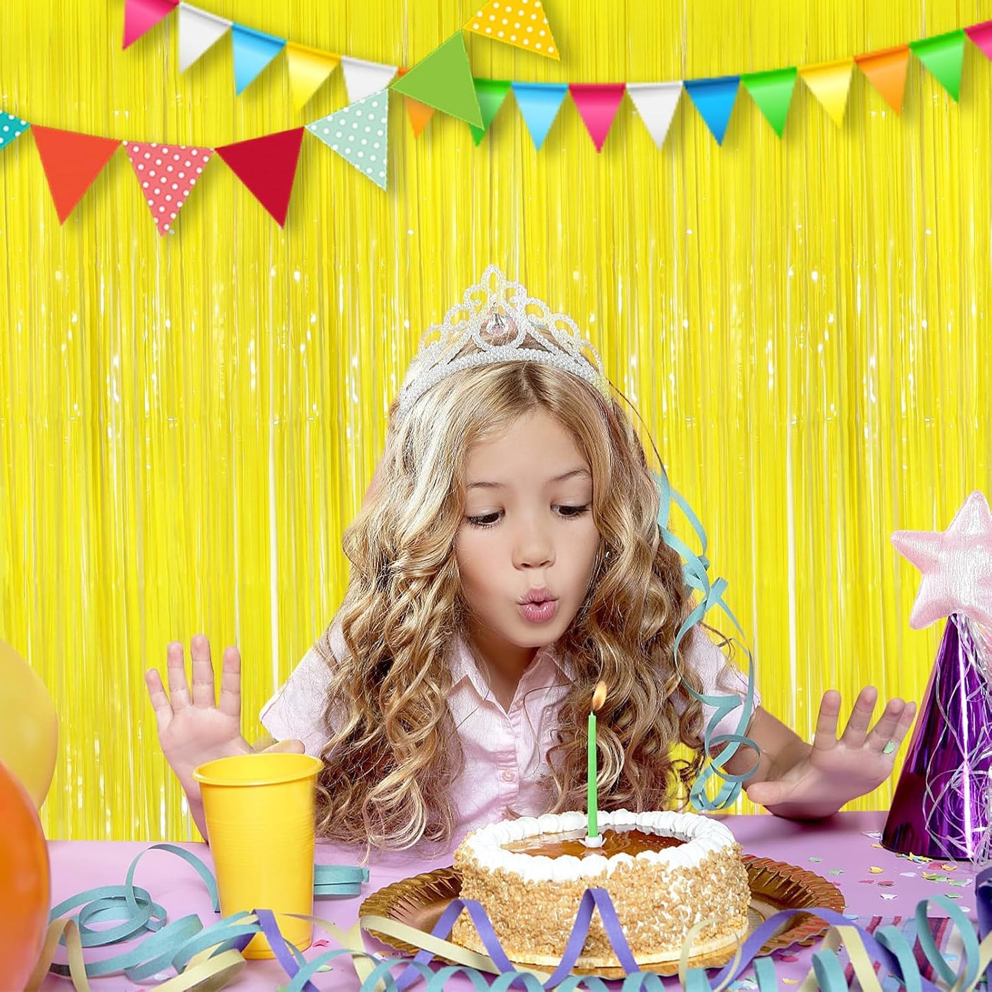 Macaron Yellow Metallic Tinsel Foil Fringe Curtains, 2Pack 3.3x8.3 Feet Streamer Backdrop Curtains for Birthday Wedding Party Decorations, Halloween Decor, Foil Curtain Backdrop for Bachelorette Party