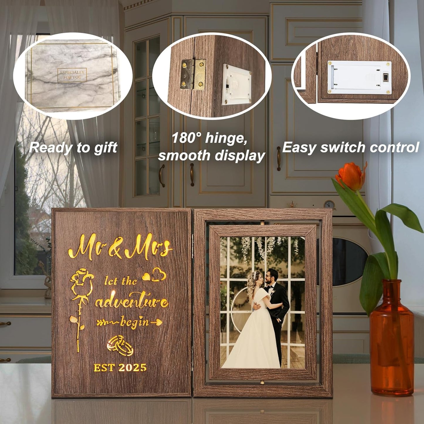 Light Up Wedding Photo Frame Gifts for Couples 2025 - Rotating Glowing Picture Frame Mr and Mrs Bridal Shower Gifts for the Bride Newly Wed Couple - Vintage Decor Holds 2 4x6 Photos