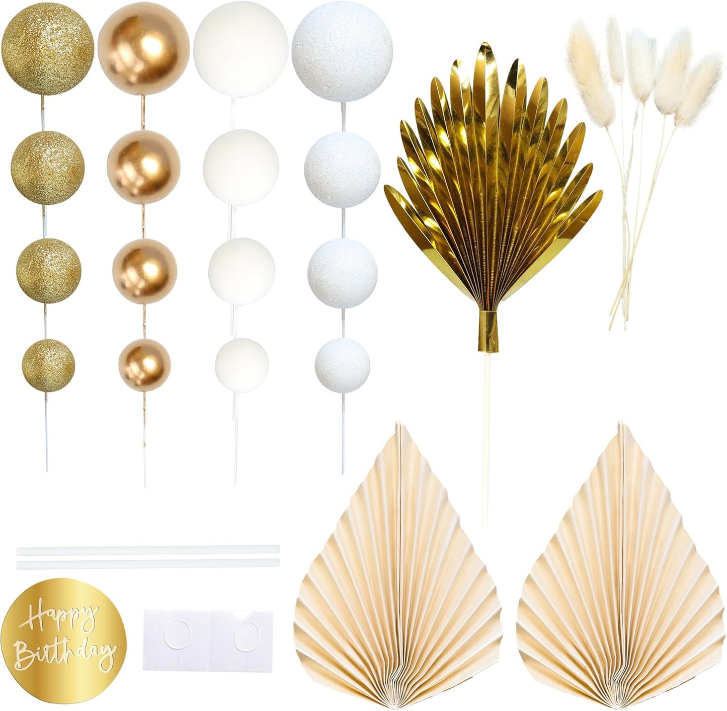 Ephlyn 33 Pack Balls Cake Toppers Boho Palm Leaves Cake Decorations Round Acrylic Happy Birthday Cupcake Toppers for Birthday Wedding Baby Shower Party Supplies Gold White