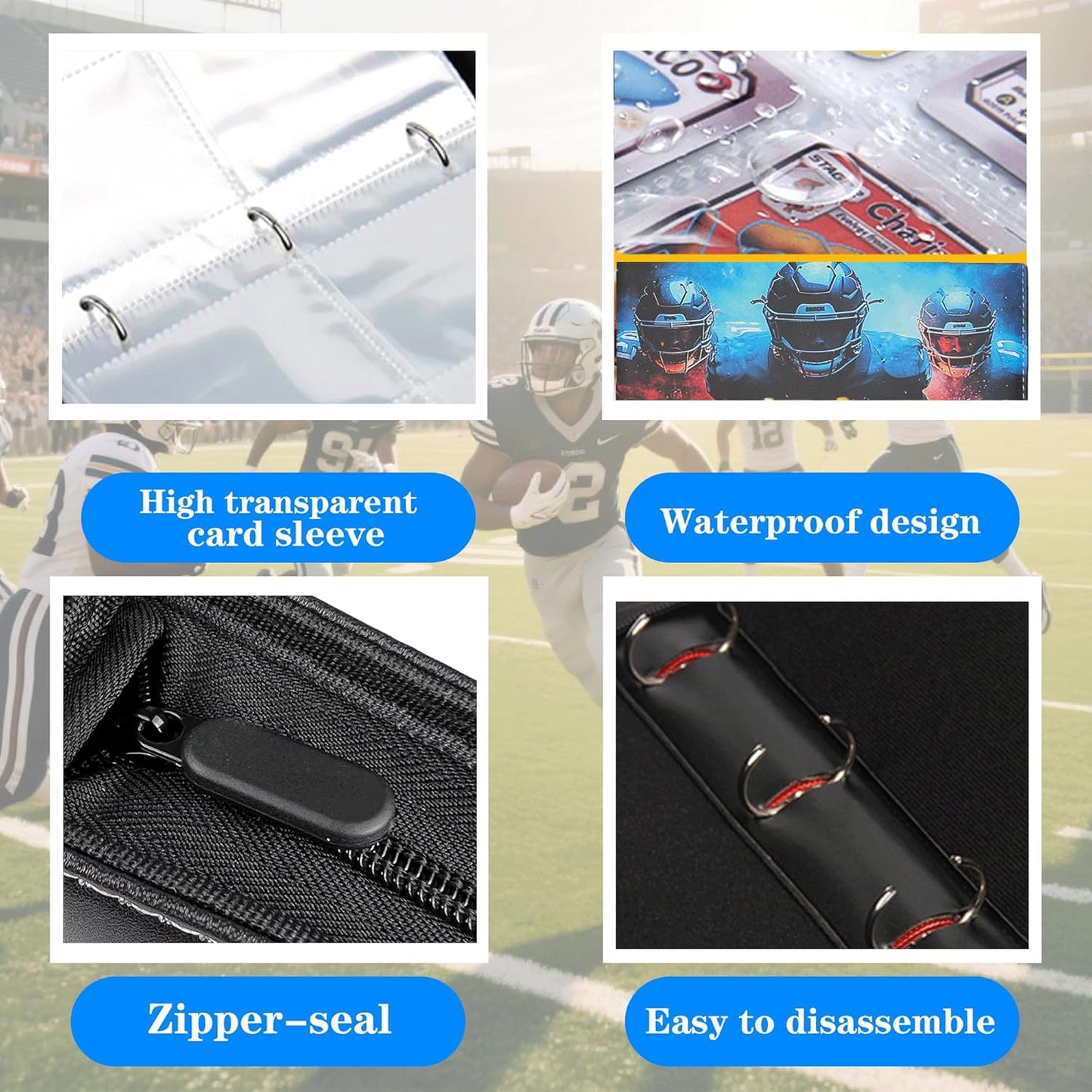 Trading Card Binder 4 Pocket, Pockets Football Card Binder, Premium Double Sided Pocket PU Cover Card Collection Binder for 400 Cards, Card Album for YuGiOh, MTG, TCG, Game Cards & Sports Cards