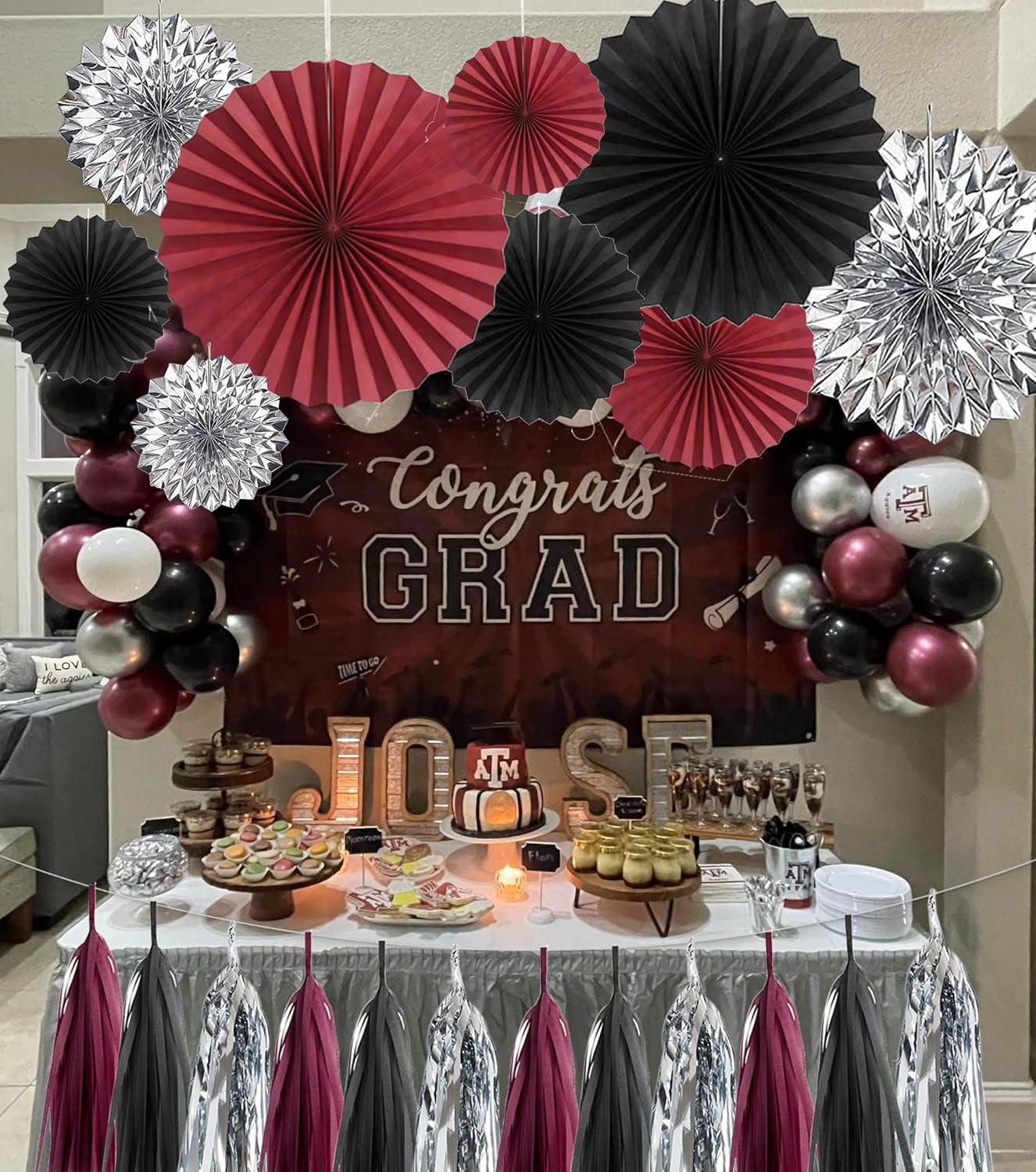 24PCS Maroon Decorations Burgundy Black Silver Party Decor Tassel Garland Banner Paper Flower Fans Streamers Wall Hanging Backdrop Graduation Wedding Birthday Bridal Shower