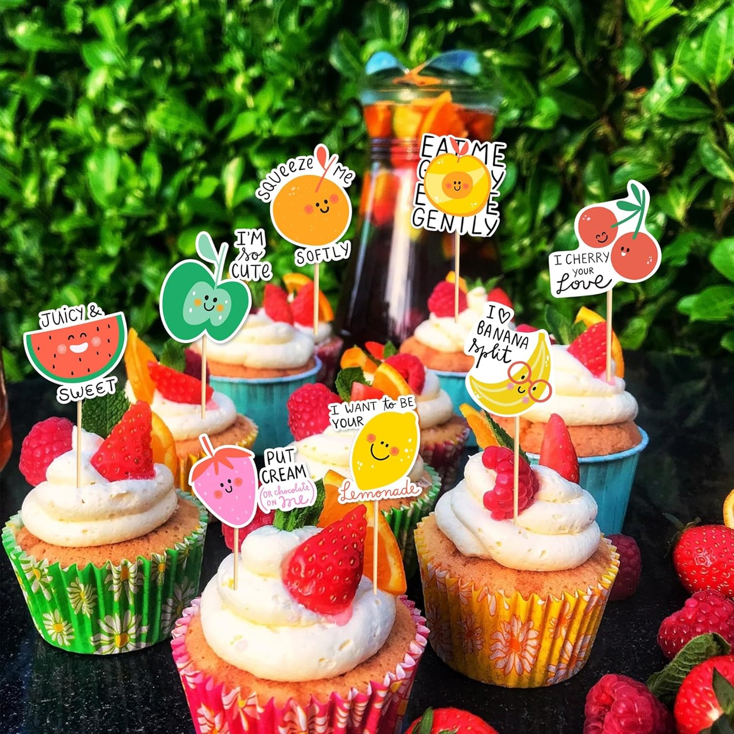 24pcs Tutti Fruity Fruit Cupcake Toppers - Tropical Summers Kids Happy Birthday Cake Toppers - Watermelon, Lemon, Strawberry, Cherry Cake Decorations for Baby Shower Party Decorations
