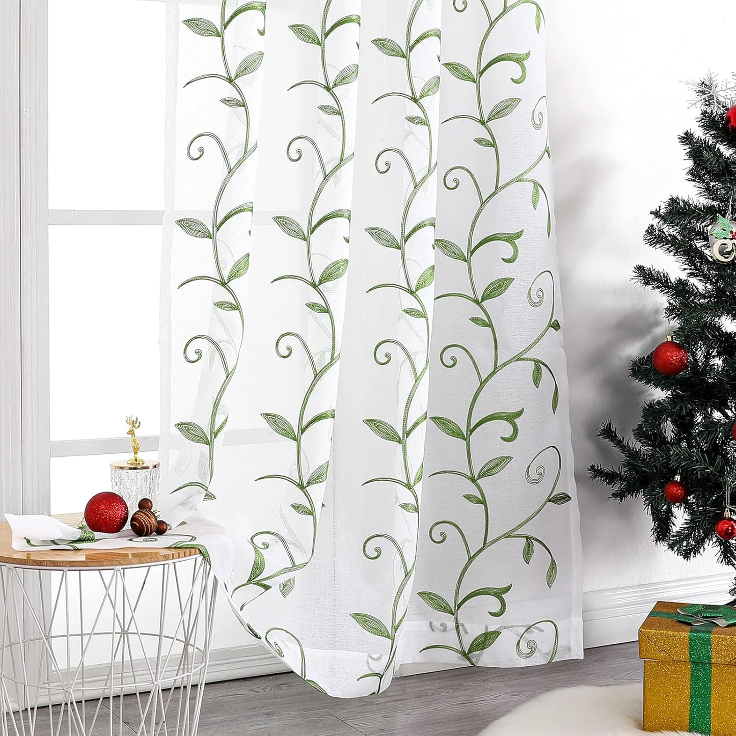 VISIONTEX Embroidered Green Sheer Voile Curtains, Leaves Embroidery Faux Linen Rod Pocket Window Drapes for Living Room and Girls Bedroom 54 x 63 Inch, Set of 2 Curtain Panels