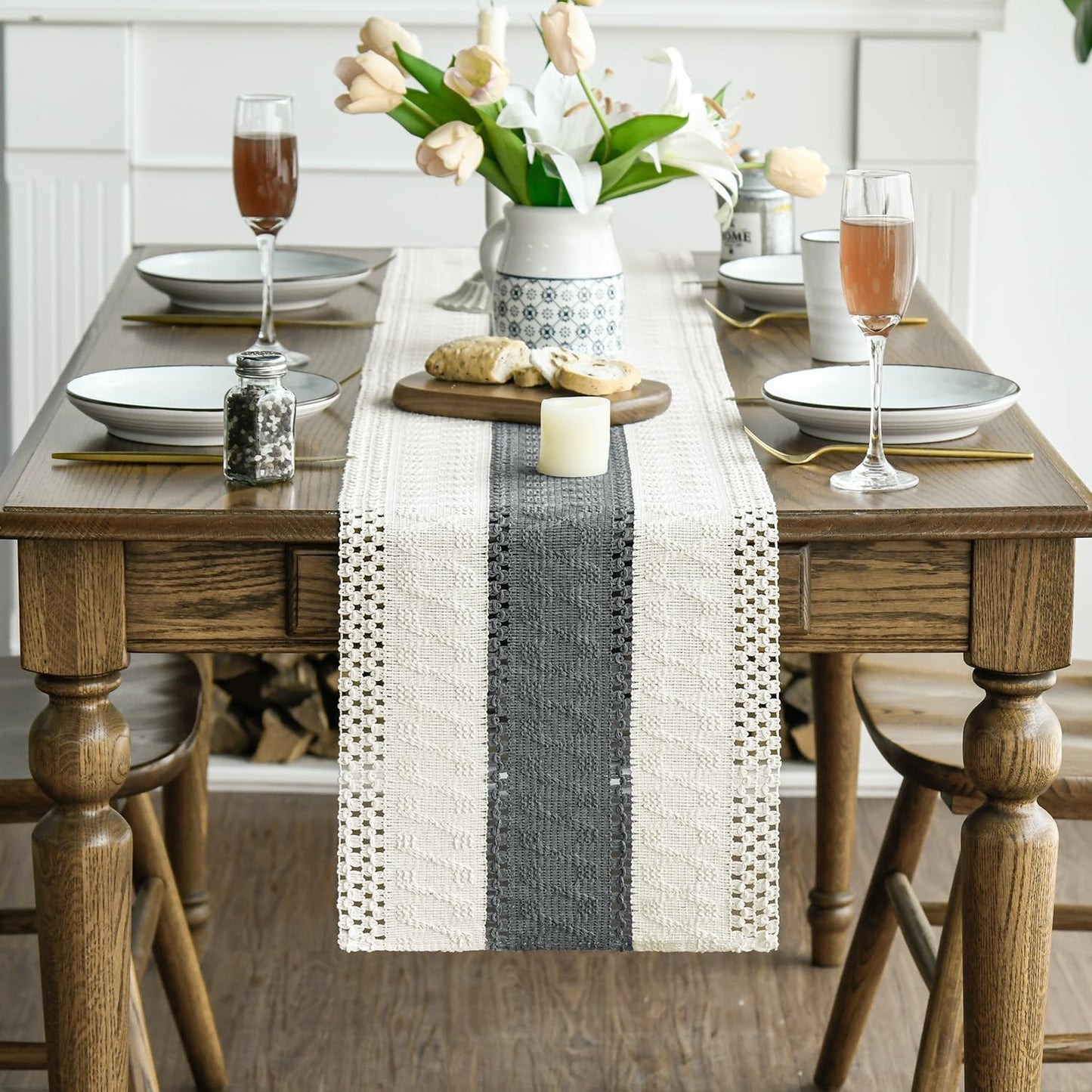 Artoid Mode Dark Grey Farmhouse Rustic Table Runner, Seasonal Holiday Hollow Kitchen Dining Table Decoration for Home Party Decor 12x90 Inch