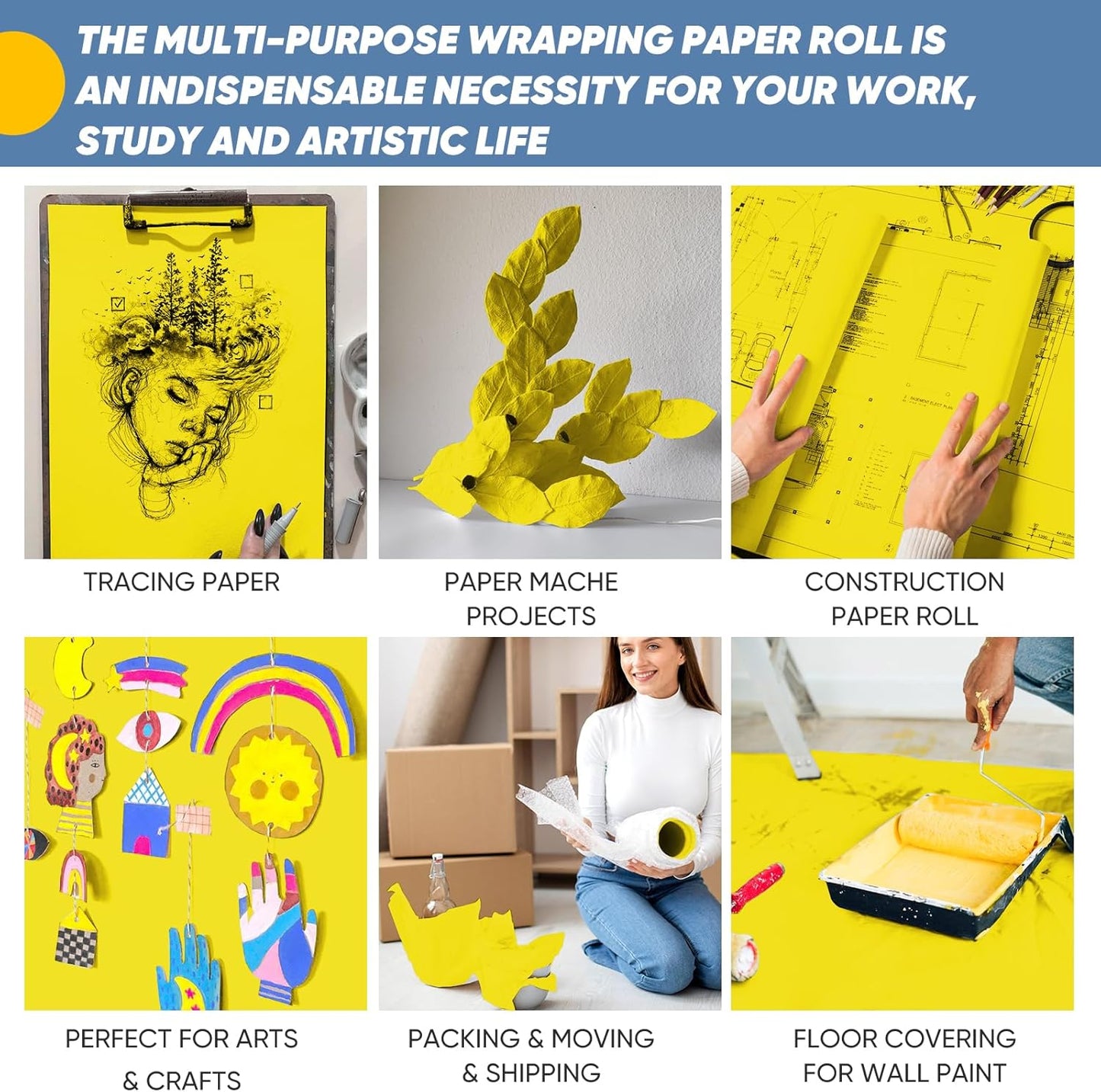 Yellow Wrapping Paper Craft Paper Kraft Paper Roll 15"x450", Bulletin Board Paper, Arts & Crafts, Gift Wrapping Packing Painting Drawing Paint Easel Poster Chart Decorative Paper, Kids Art Supplies