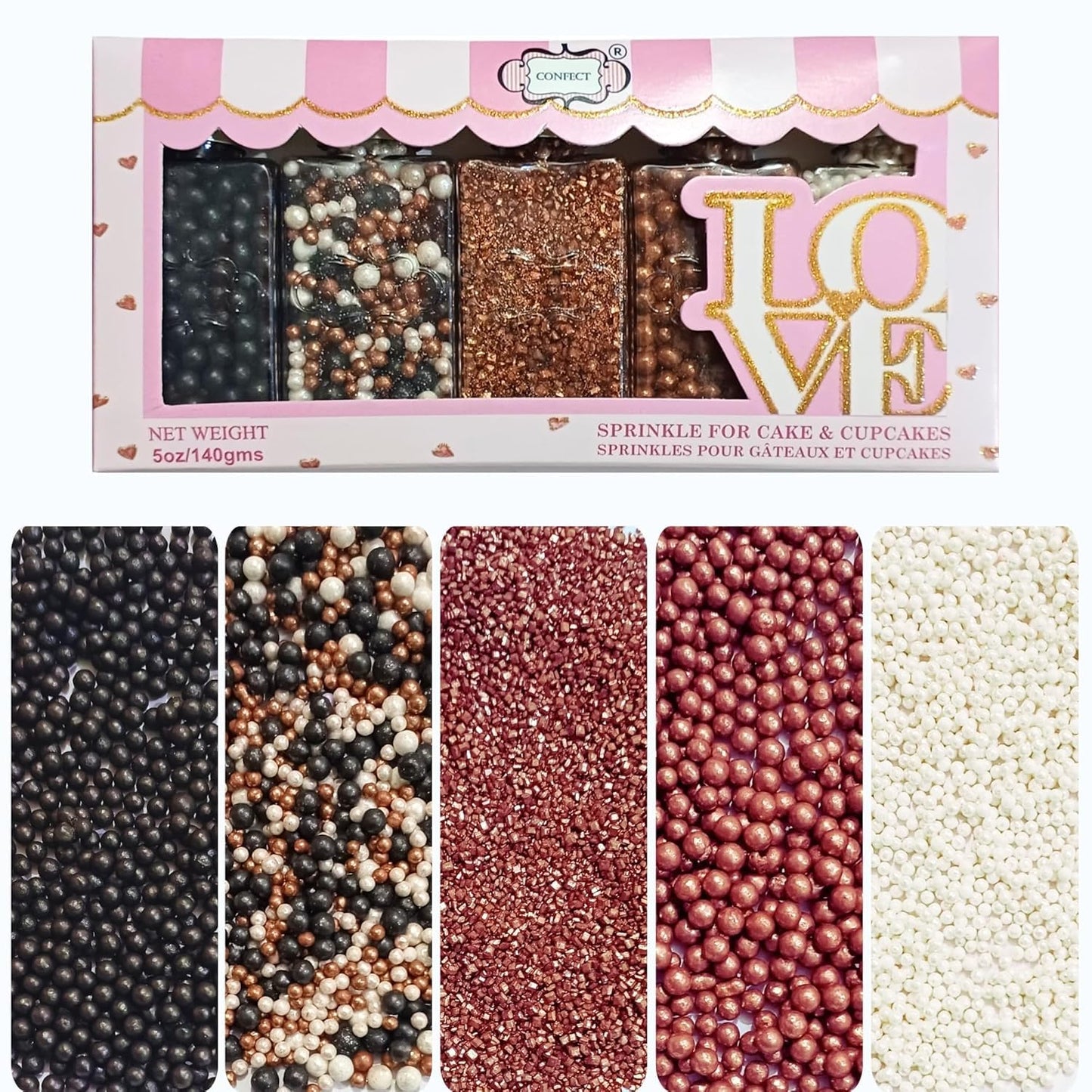 Confect Sprinkle Mix – Elegant Black, Bronze & White Sugar Pearls with Copper Sparkling Sugar – Great Gatsby Disco Ball Cake & Cupcake Decoration – Vegan, Gluten-Free, Nut-Free, Soy-Free, Dairy-Free, Palm Oil-Free -Dye Free- 5 Oz
