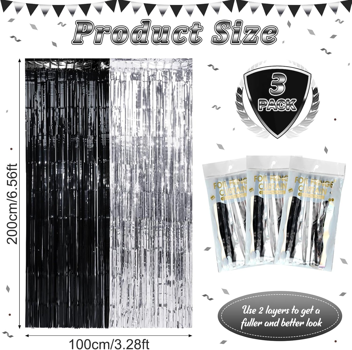 3 Pack 3.3Ft x 6.6Ft Graduation Foil Fringe Curtain Backdrop Decorations, Black Silver Metallic Tinsel Foil Streamers Curtain Photo Background for Graduation Prom Wedding Birthday Party Decorations