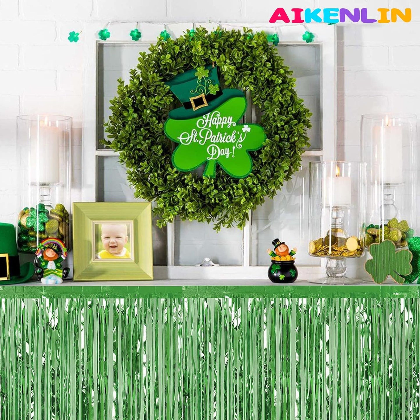 6 Pack 29x108 Inch Metallic Foil Fringe Tinsel Table Skirts Banner for Rectangle Tables Streamer Curtains Backdrop for Wedding, Birthday, Parade Floats, St Patrick Day Party Decoration(Light Green)