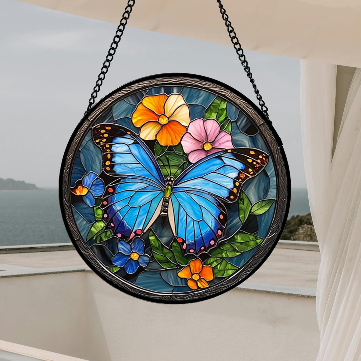 Stained Glass Window Hanging, Blue Butterfly Flower Suncatcher for Doors Home Sun Catchers Decoration and Christmas, Mother's Day Birthday Gifts for Women, Men, and Mom 14.9 in