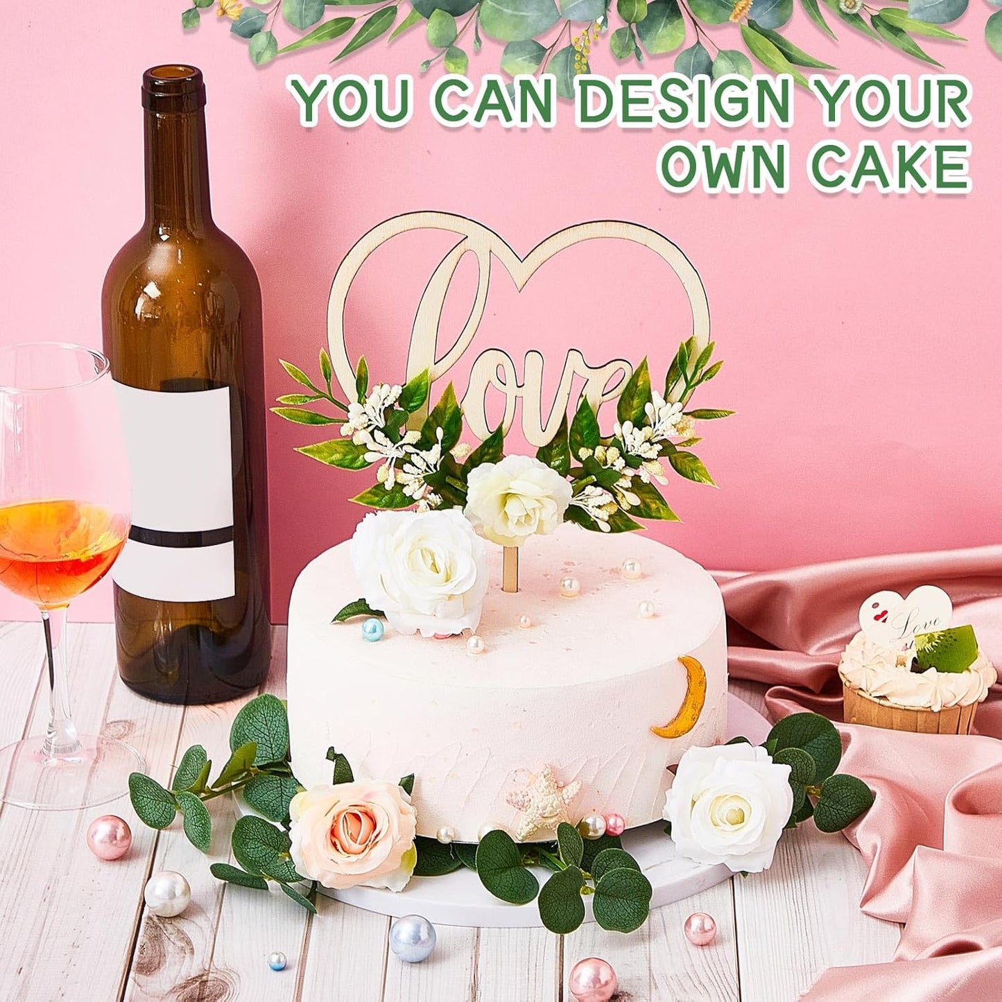 Juexica 6 Pcs Wedding Cake Topper Set Rustic Bridal Shower Heart Shaped Wedding Cake Topper Decorations Simulation Rose Flowers Leaves for Engagement Anniversary Party