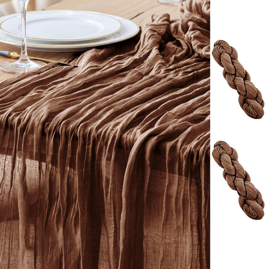 Asee'm 2pcs Cheesecloth Table Runner 120 Inches Long Brown Boho Gauze Cheese Cloth Runner 10FT Rustic Sheer Fall Table Runners for Thanksgiving Christmas Wedding Party Baby Shower Decoration