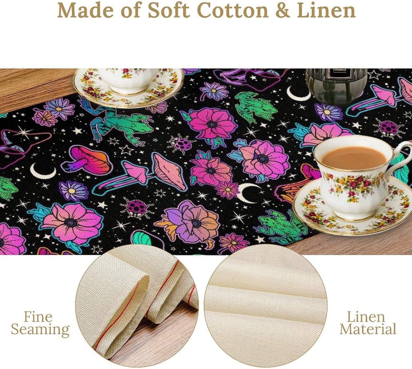 Gothic Star Moon Colorful Table Runner for Kitchen Living Room Home Party Boho Floral Table Runner 13x70 Inch