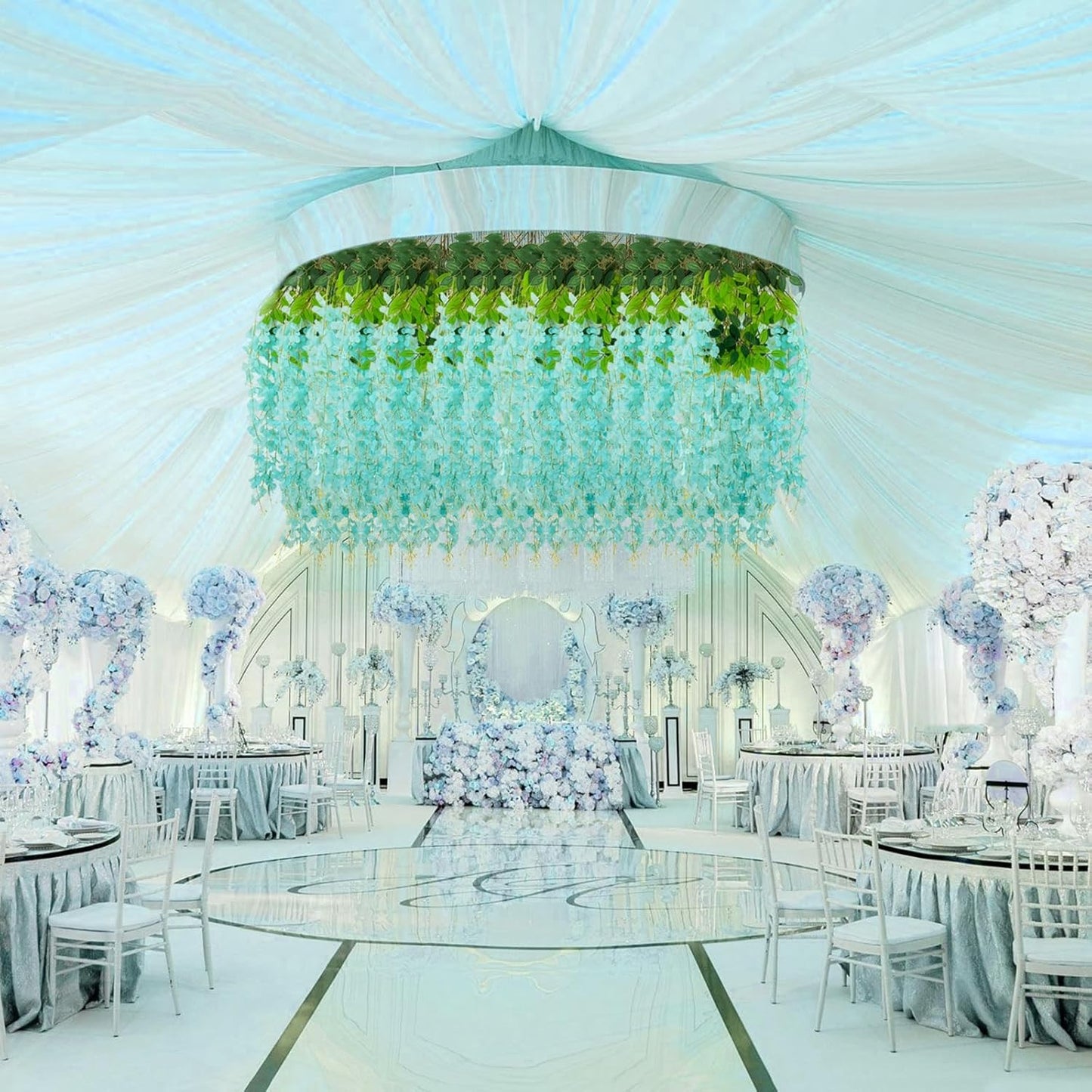 5 Pack Teal Wisteria Hanging Flowers, 3.44 Ft Fake Hanging Flowers, Artificial Wisteria Garland Vines for Wedding Room Backdrop Outdoor Patio Garden Decoration