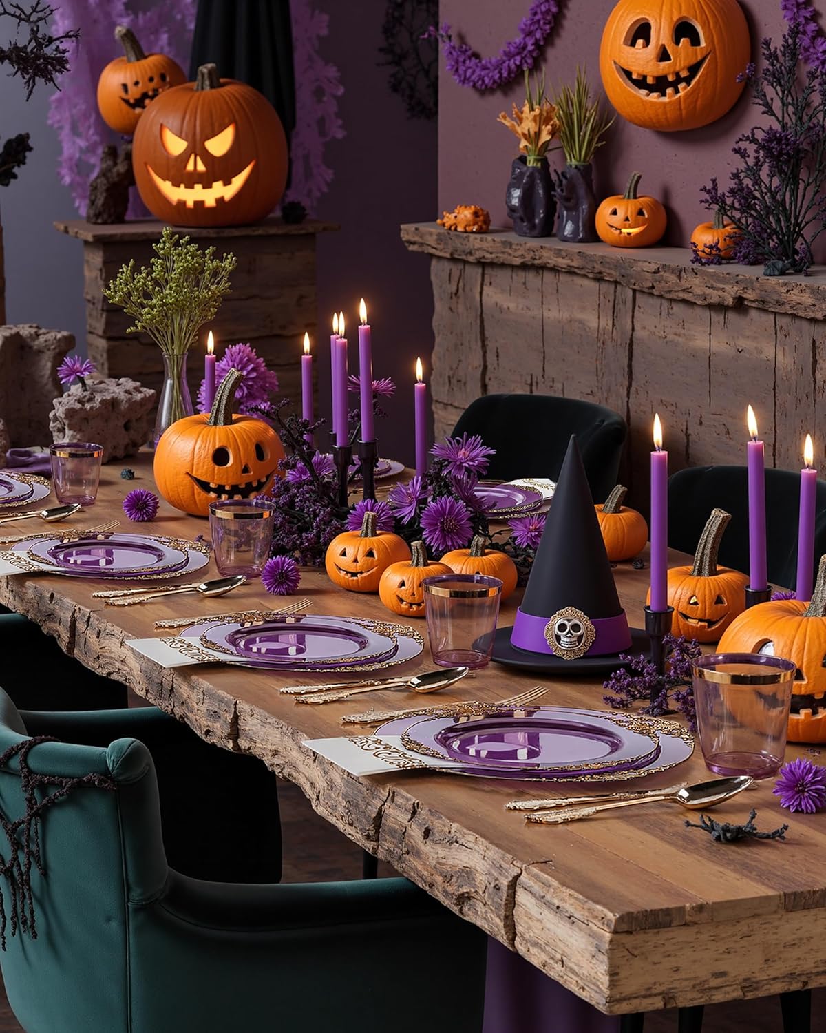 Nervure 350PCS Purple Plastic Plates - Purple Plastic Dinnerware Sets for 50 Guests - 100 Disposable Plates, 150 Gold Silverware, 50 Cups, 50 Napkins for Wedding & Party