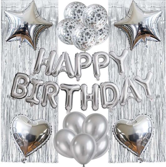 29 Pcs Silver Birthday Party Decorations - Happy Birthday Balloons Banner Silver, Heart & Star Foil Balloons, Confetti & Latex Balloons, Foil Fringe Curtains Party Supplies for Men