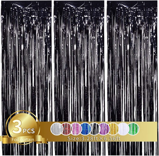 TONIFUL 3Pcs Black Door Streamers,Photo Booth Backdrop,Metallic Streamers Black Foil Fringe Curtains for Birthday,Christmas,New Year,St. Patrick's Day Halloween Party Streamers Decor(9.9ft x 6.6ft)