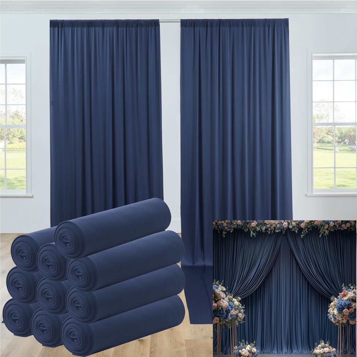50ftx12ft Wrinkle Free Navy Blue Backdrop Curtain, 10 Panels 12FT Height Navy Blue Wedding Backdrop Drapes, Silky Polyester Back Drop Cloth for Birthday Photography Background Party Backdrop Draping
