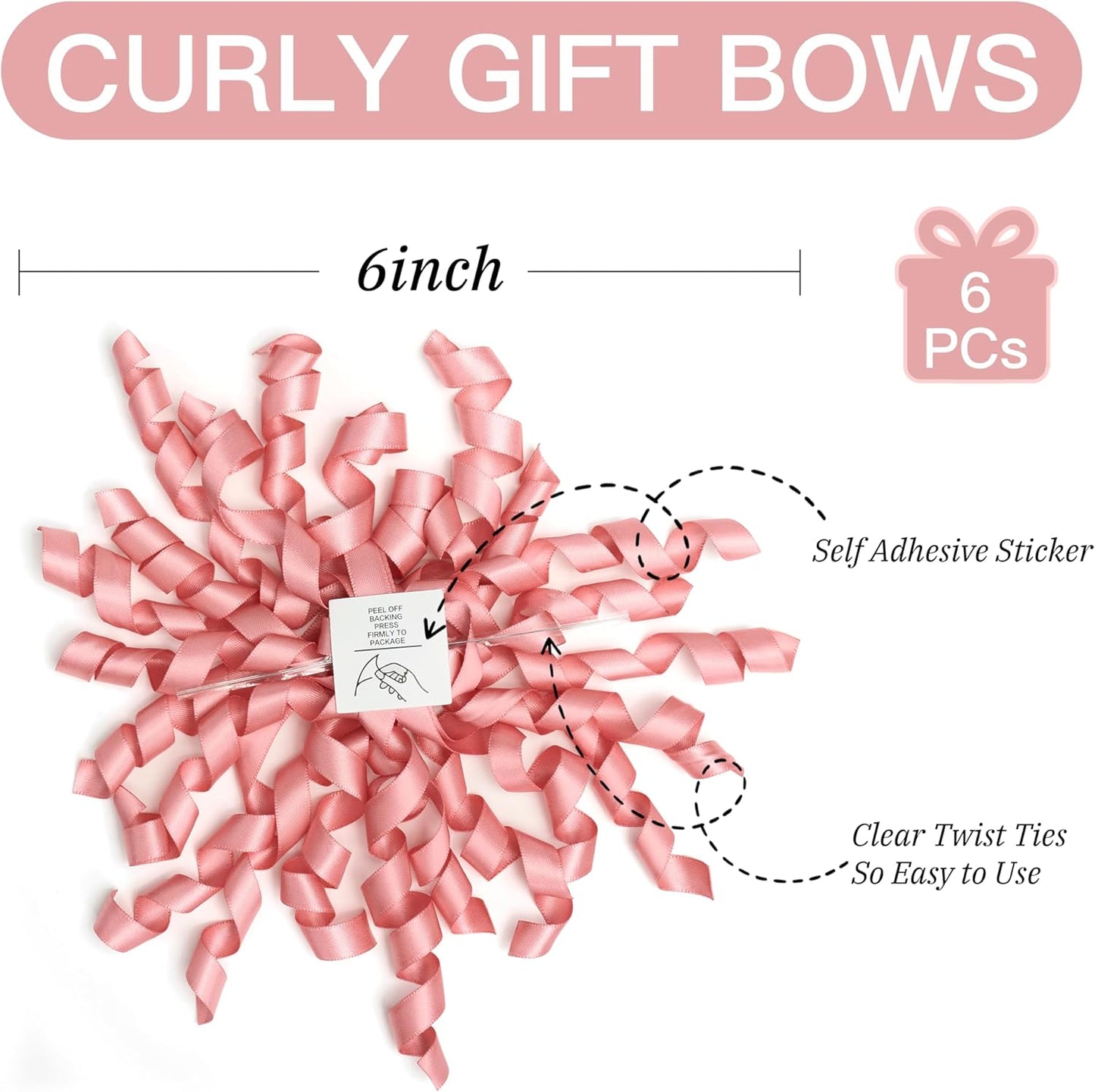 6 Inch Rose Gold Curly Bows for Gift Wrapping Set of 6, Self Adhesive Bows Blush Pink Gift Bows for Presents, Satin Ribbon Bows for Birthday, Wedding, Christmas, Bridal Shower