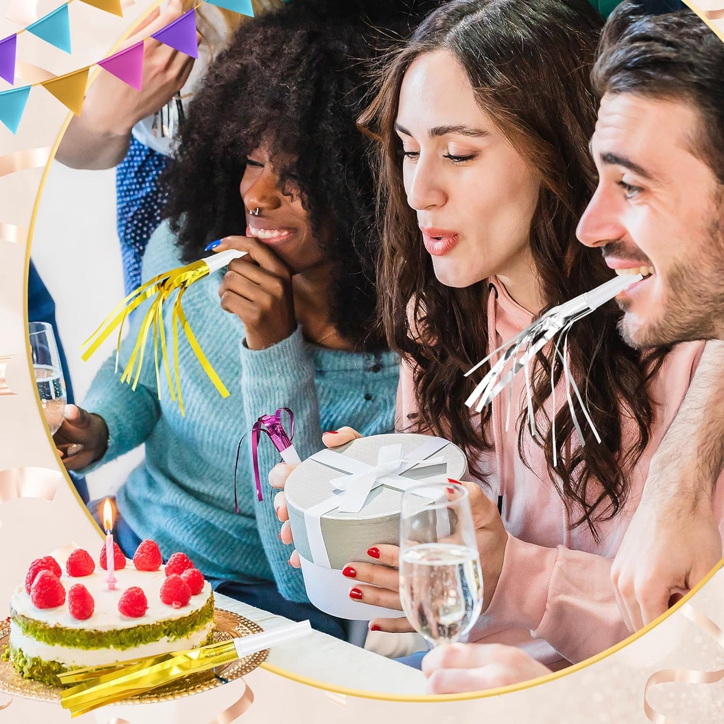 12 Pcs Glitter Noise Makers Metallic Fringed Party Blower for Adults Birthday Graduation New Years Party Favors Supplies (Gold and Silver)