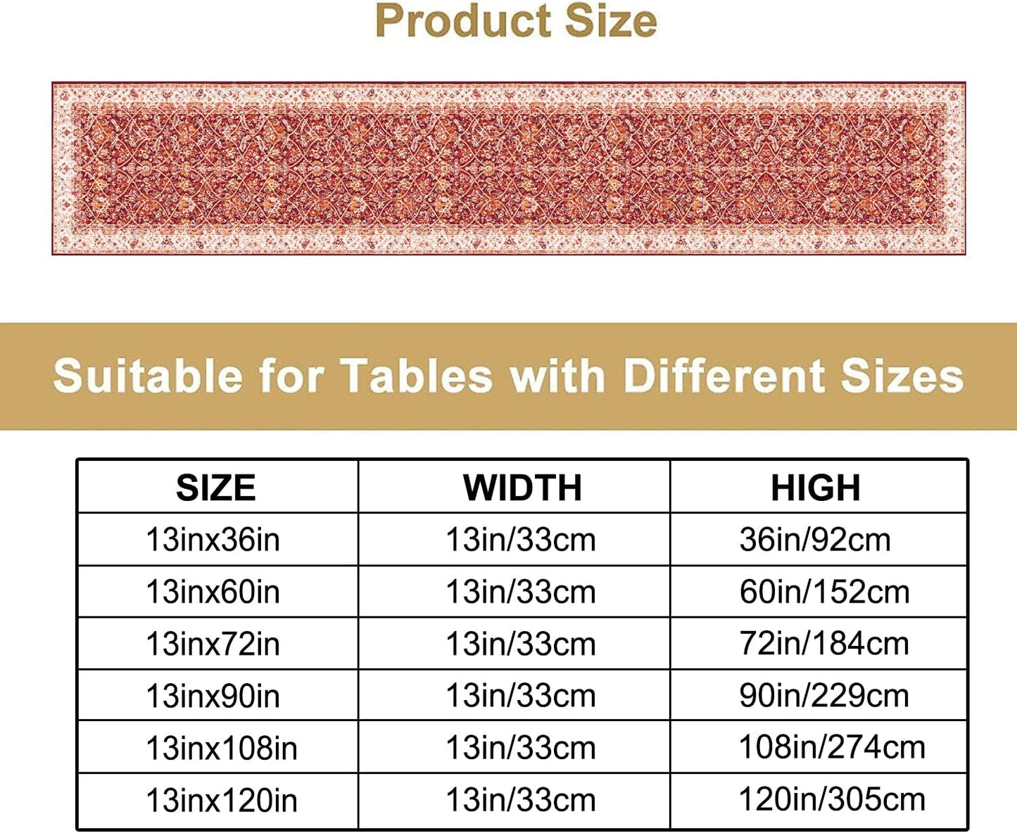 Boho Floral Vintage Table Runner, Retro Red Flower Rustic Country Farmhouse Abstract Pattern for Home Kitchen Table Decor Dining Coffee Room Party Decor 13x120in