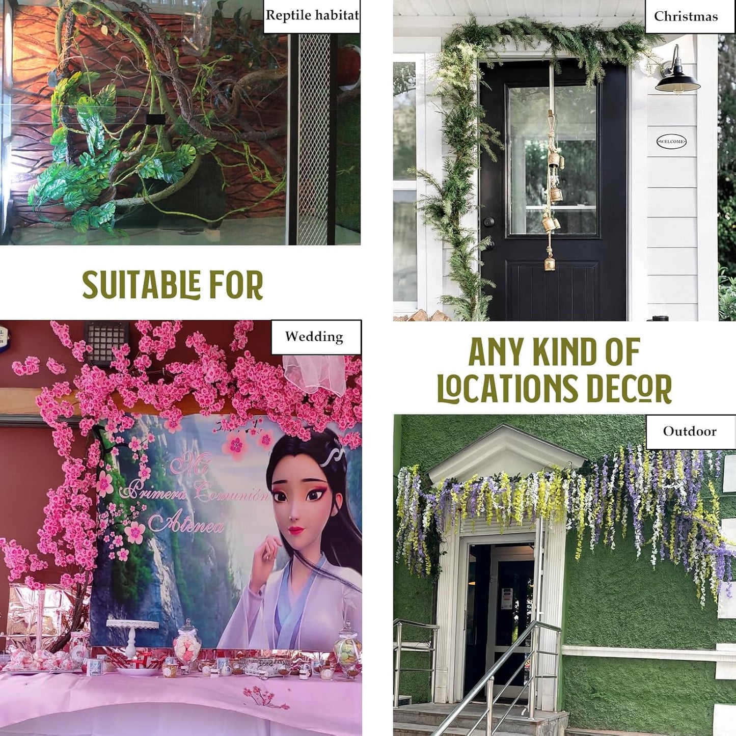 118 inch Medium Malleable Artificial Green Tree Branches Grapevine Garland Fake Cherry Blossom Tree Trunk Twigs for Wall Hanging Willow Ivy Home Room Wedding Decoraton