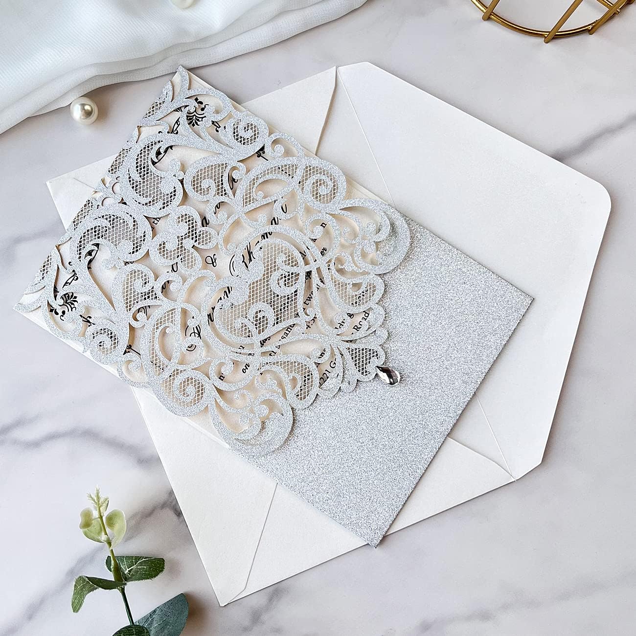 Hosmsua 5.1 x 7.3 Inch 50PCS Silver Glitter Wedding Invitation Cards with Rhinestone Laser Cut Hollow Flora Quinceanera Invitation with Envelopes for Bridal Shower Wedding Invite (Silver Glitter)